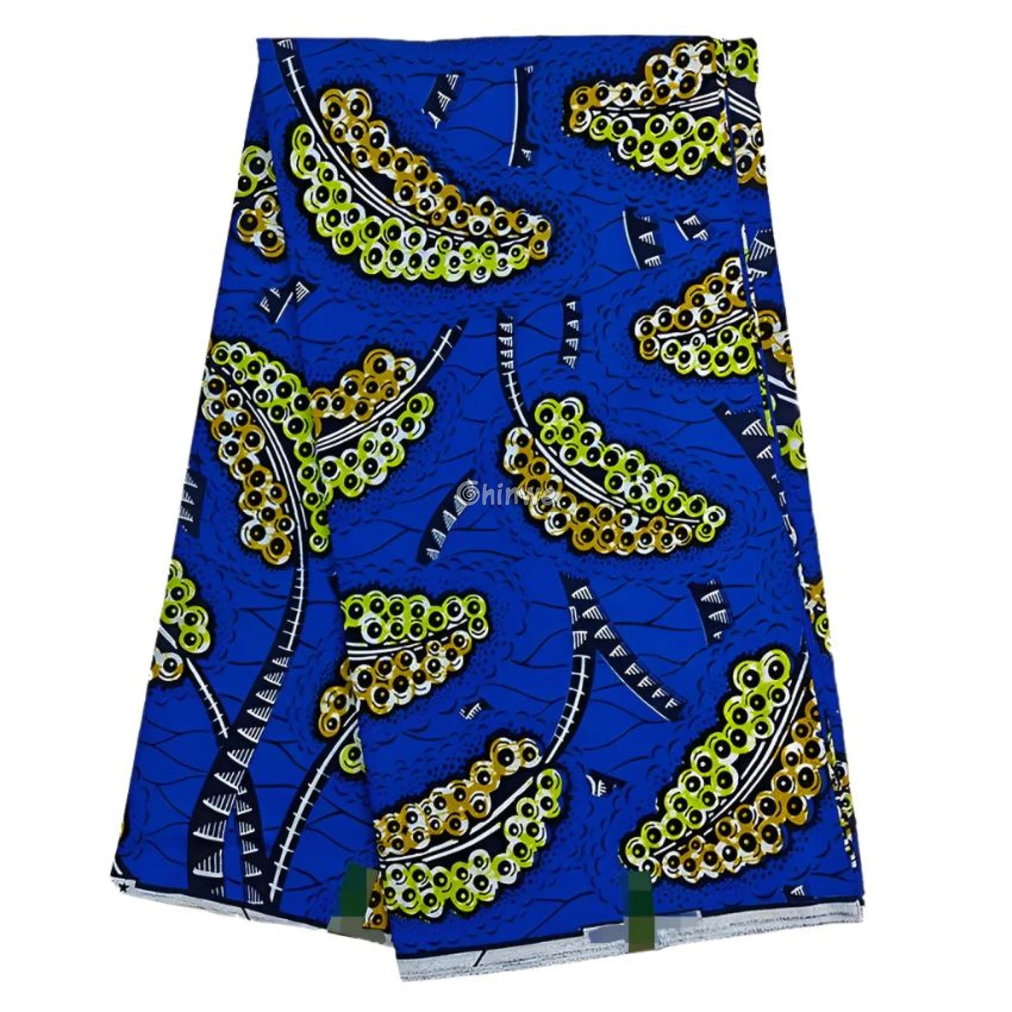 Vibrant Blue African Wax Print Fabric with Yellow and Black Geometric Accents