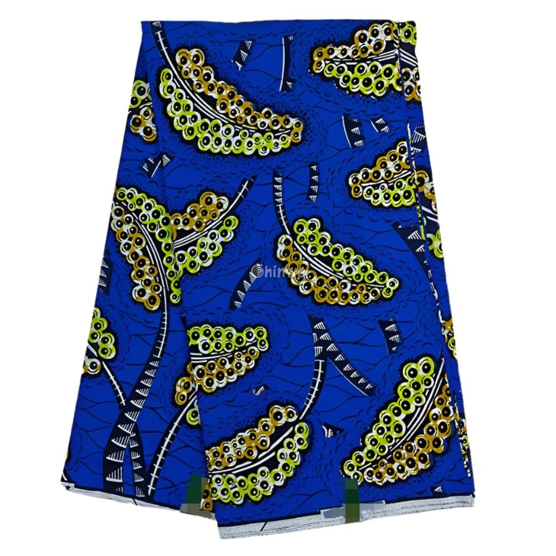 Vibrant Blue African Wax Print Fabric with Yellow and Black Geometric Accents