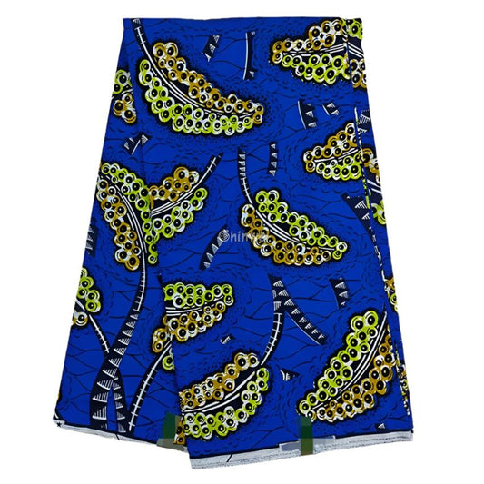 Vibrant Blue African Wax Print Fabric with Yellow and Black Geometric Accents