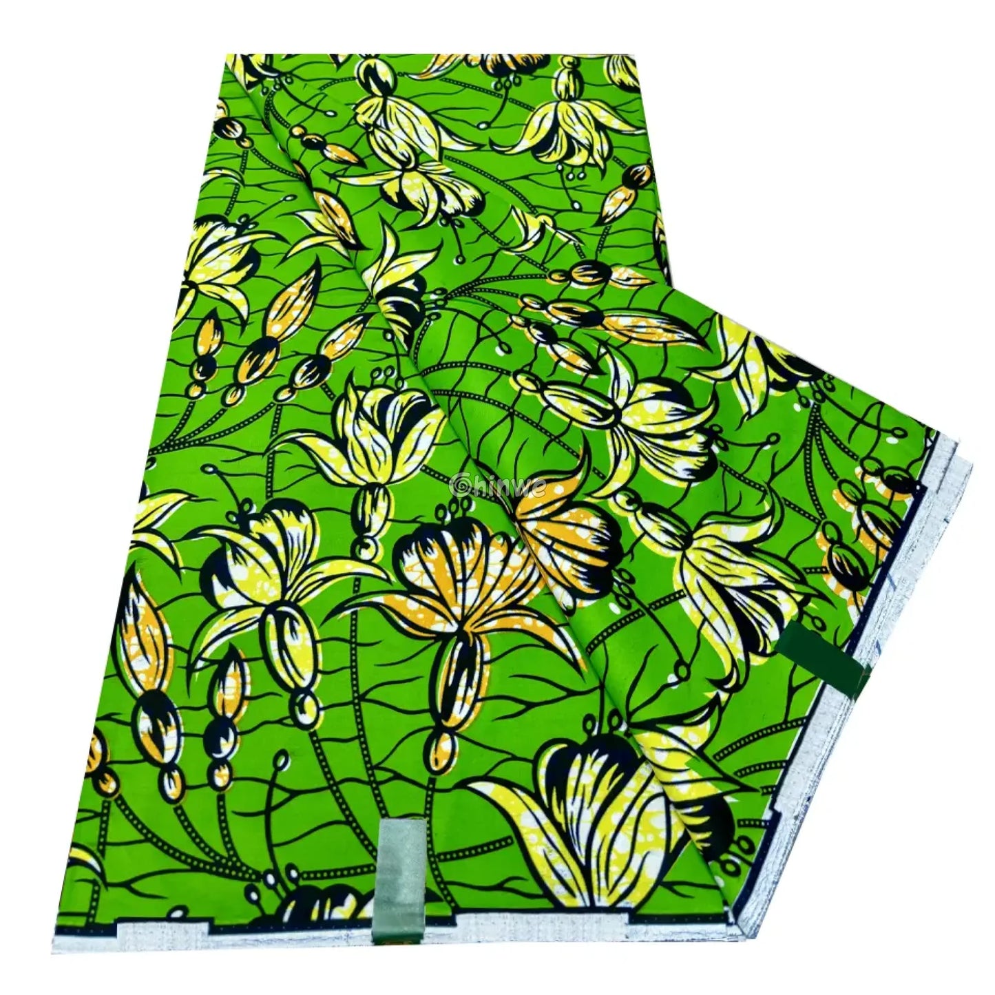 Vibrant Green Ankara Fabric with Yellow Floral Elegance