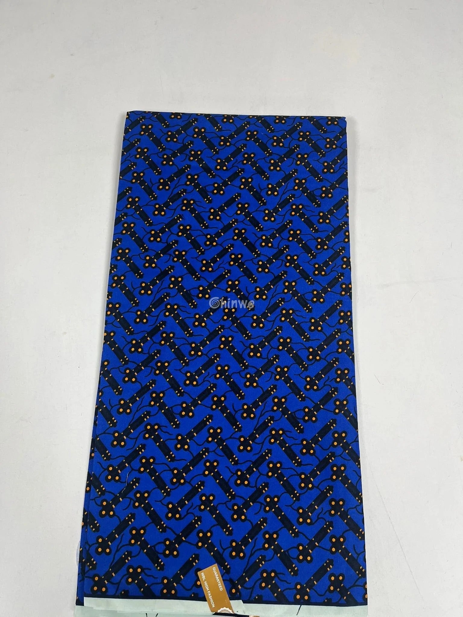 Cobalt Blue & Black Bar and Orange Dot Ankara Wax Print Fabric 6 yards cotton