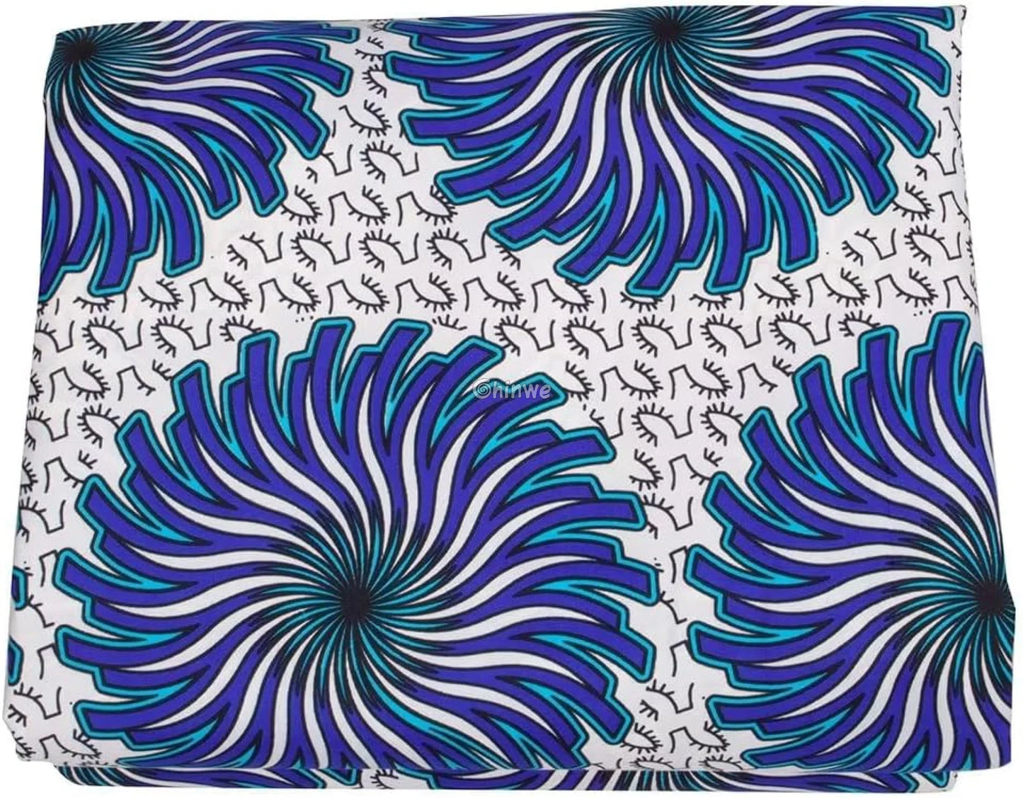 White Ankara Wax Print Fabric with Blue and Purple Spiral Patterns