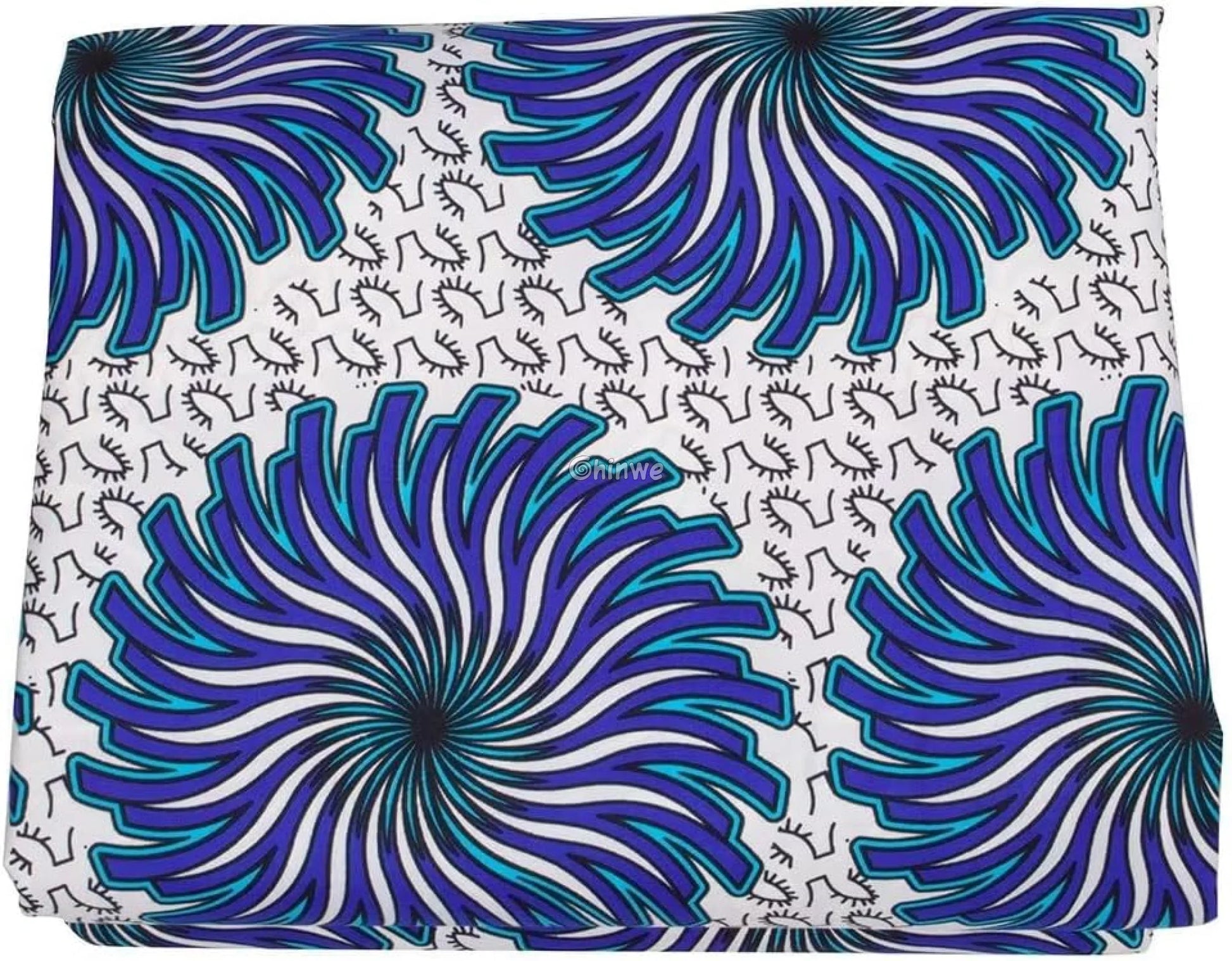 White Ankara Wax Print Fabric with Blue and Purple Spiral Patterns