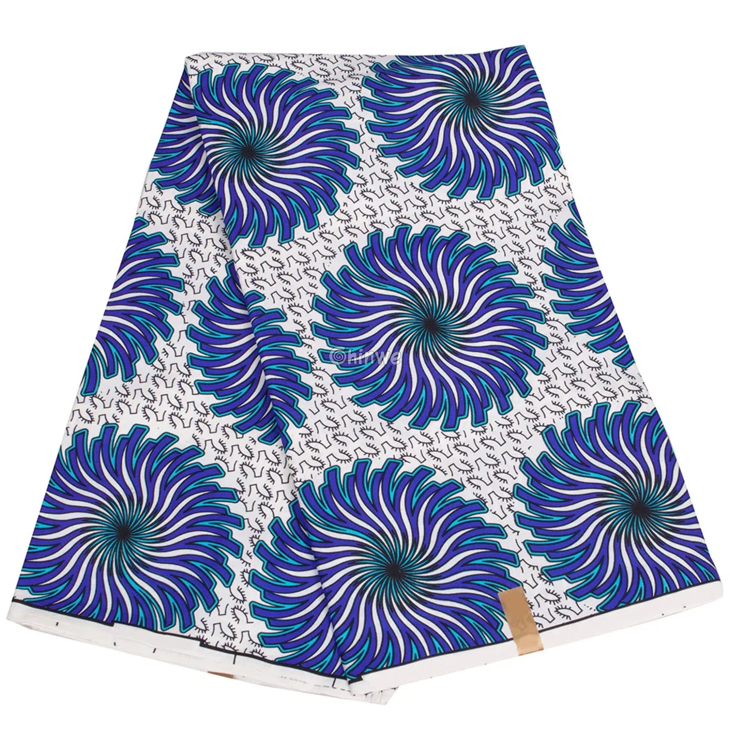 White Ankara Wax Print Fabric with Blue and Purple Spiral Patterns