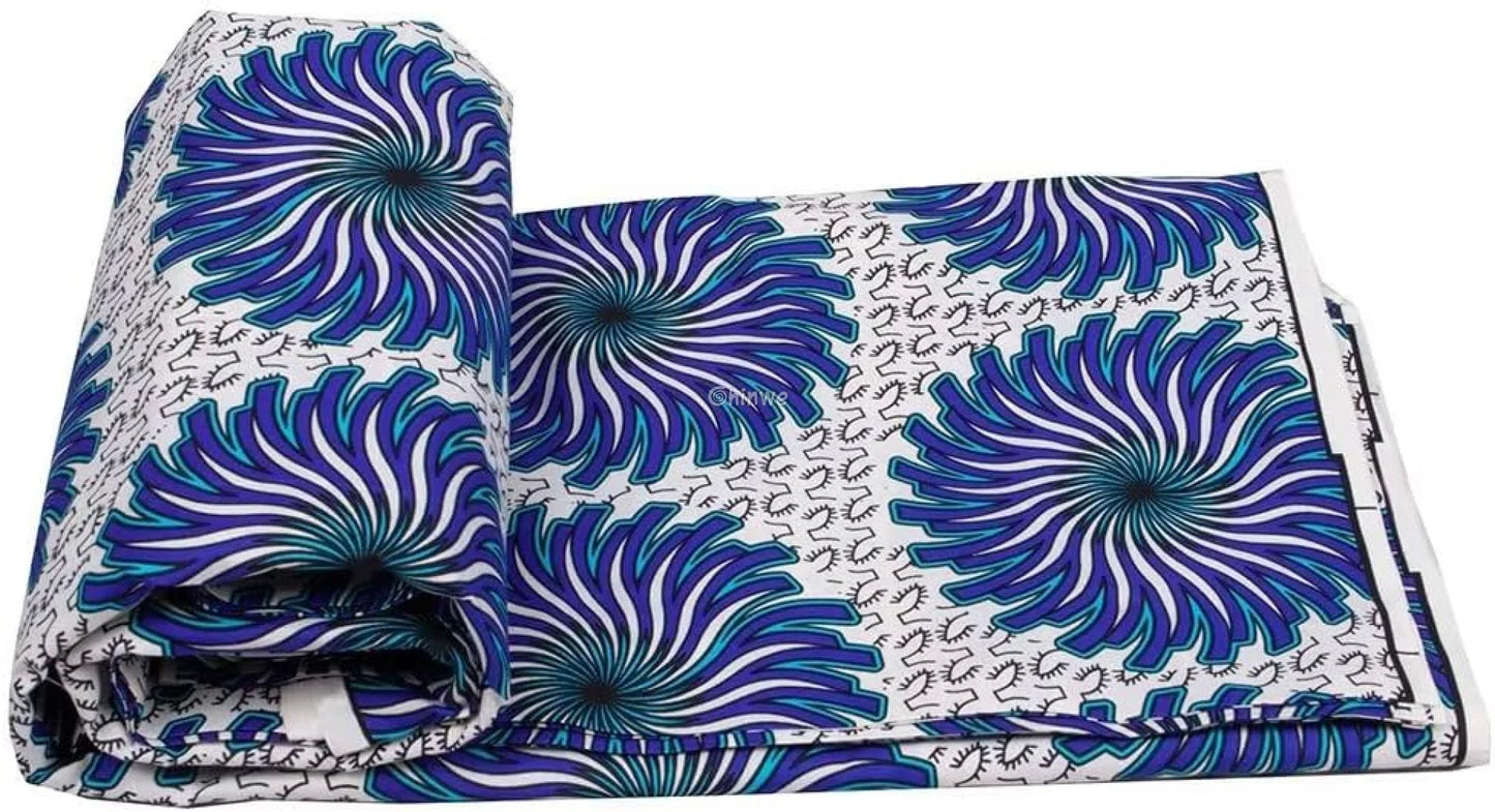 White Ankara Wax Print Fabric with Blue and Purple Spiral Patterns