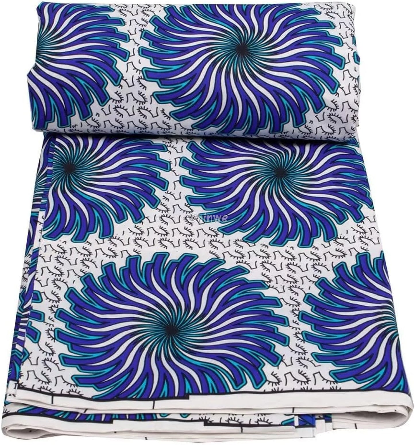 White Ankara Wax Print Fabric with Blue and Purple Spiral Patterns