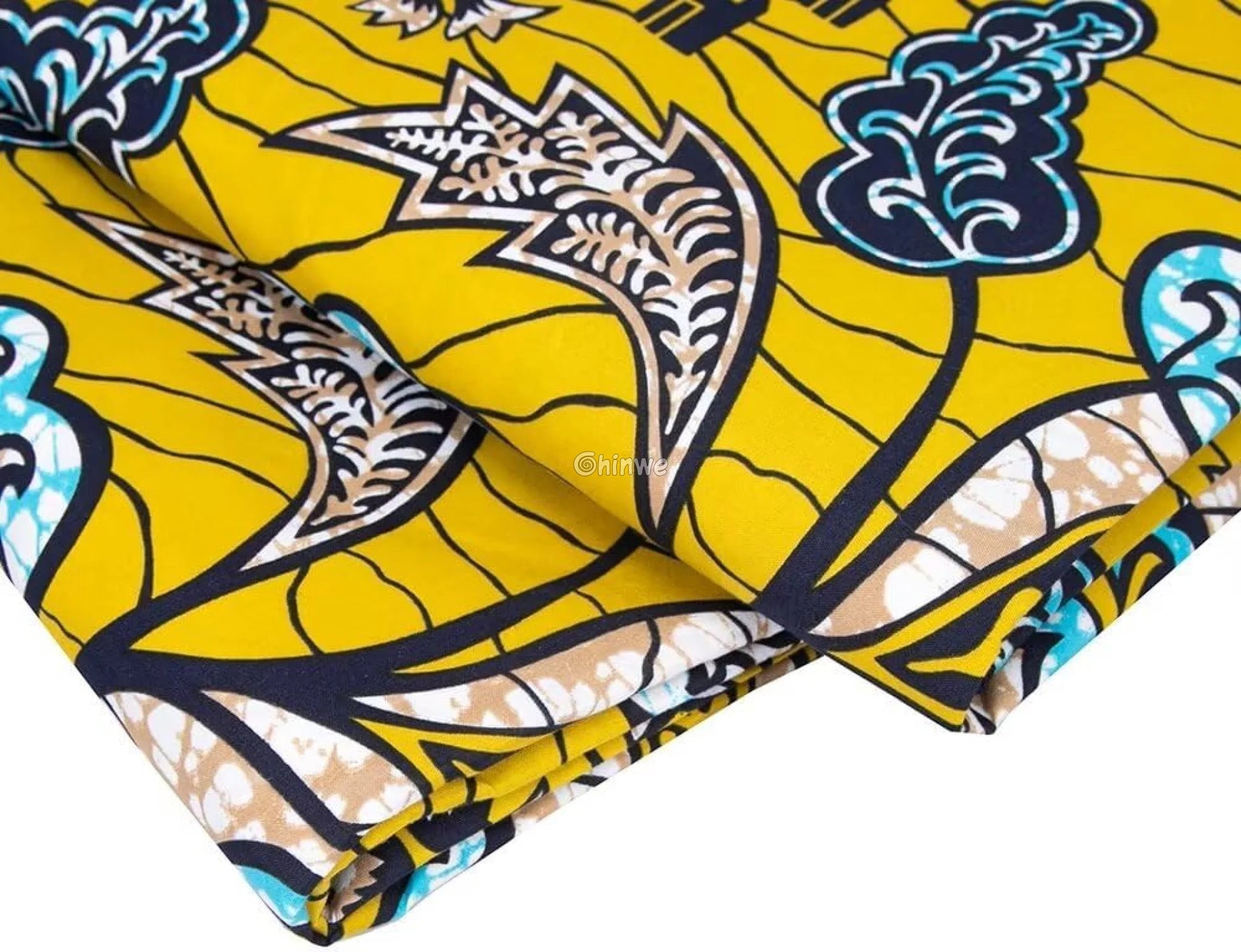 Yellow Ankara Wax Print Fabric with Floral and Leaf Motifs