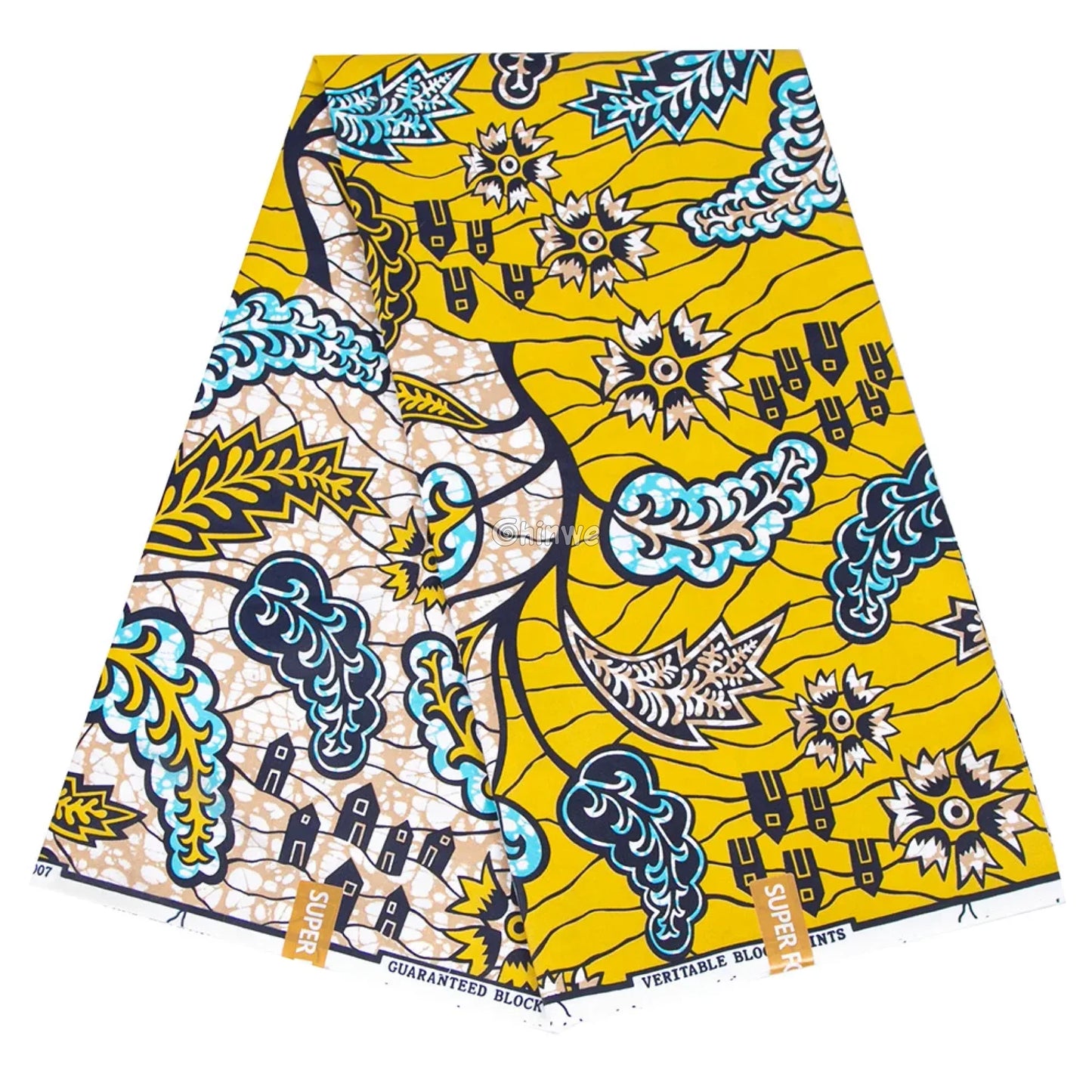 Yellow Ankara Wax Print Fabric with Floral and Leaf Motifs