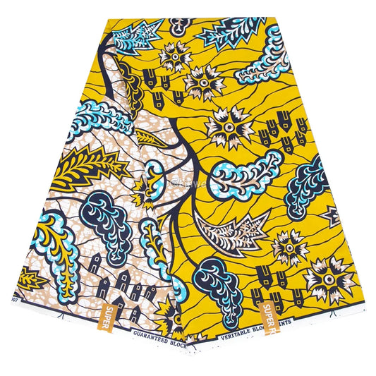Yellow Ankara Wax Print Fabric with Floral and Leaf Motifs