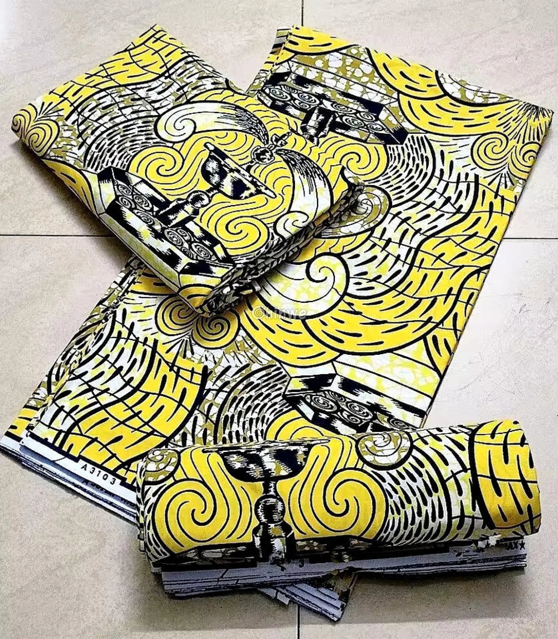 Yellow and Black Lamp Pattern Ankara Wax Print Fabric Artistic Swirl Design
