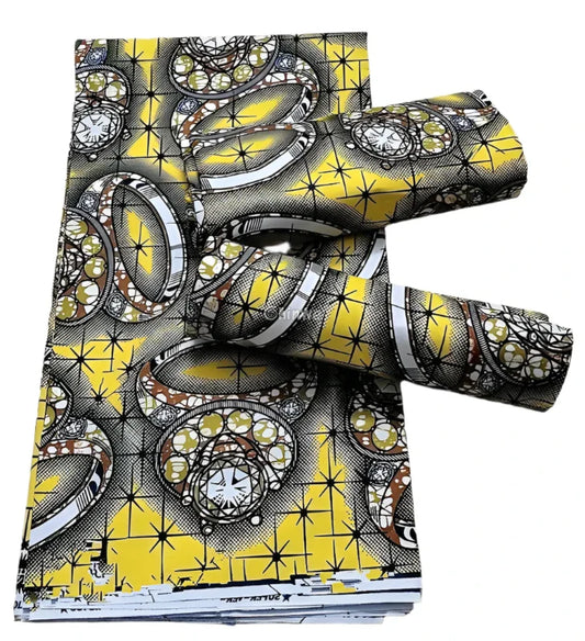 Yellow and Black Rings Ankara Wax Print Fabric with Starry Pattern