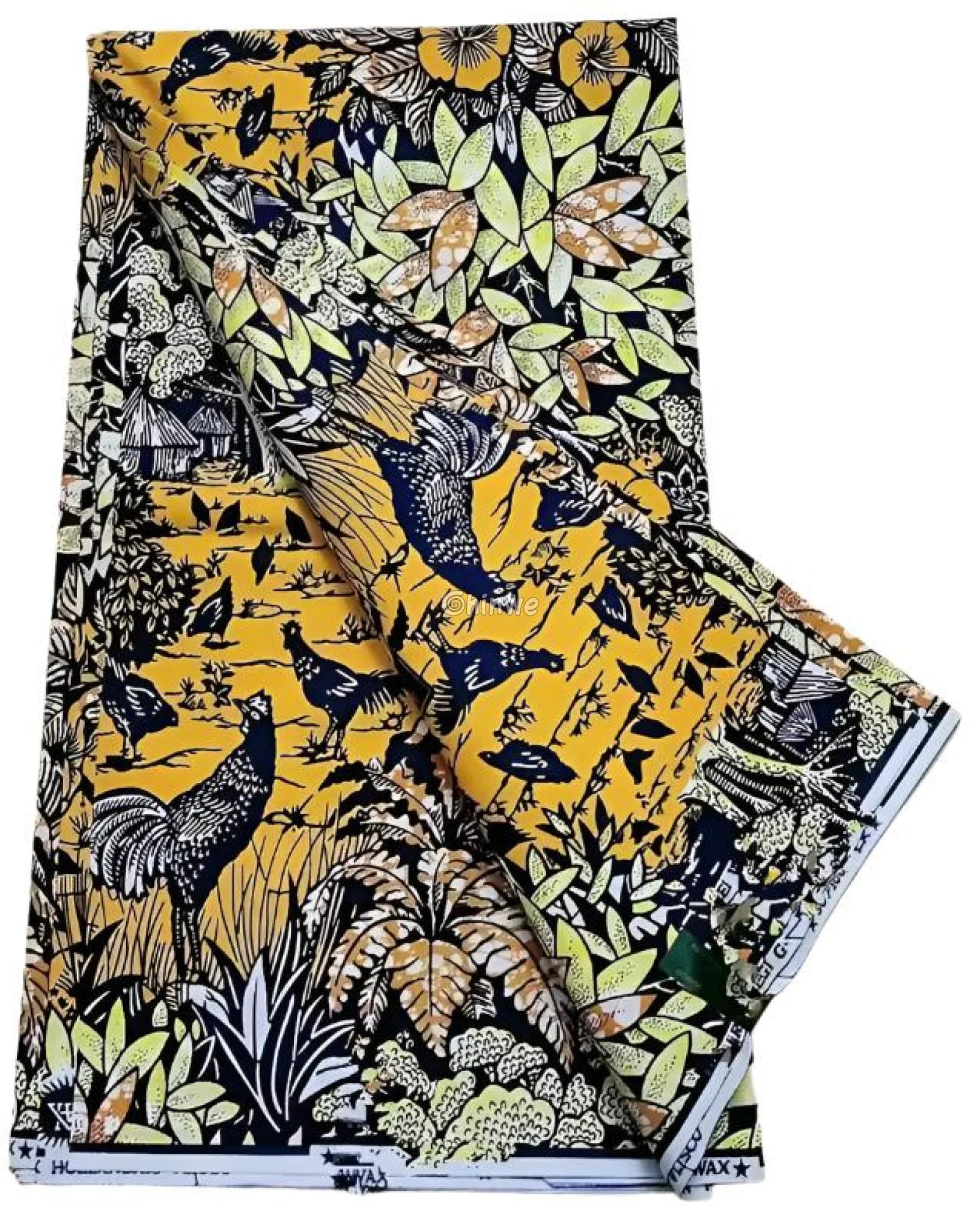 Yellow and Blue Nature Ankara Wax Print Fabric with Tropical Rooster Design