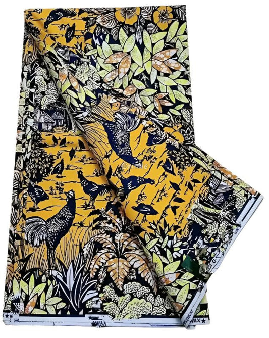Yellow and Blue Nature Ankara Wax Print Fabric with Tropical Rooster Design