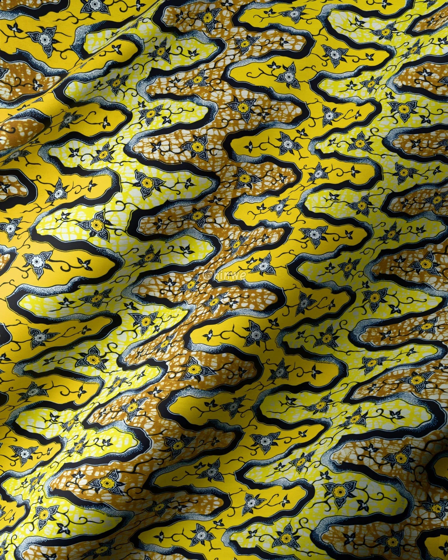 Yellow and Navy Blue Floral Ankara Wax Print Fabric with Wavy Abstract Pattern