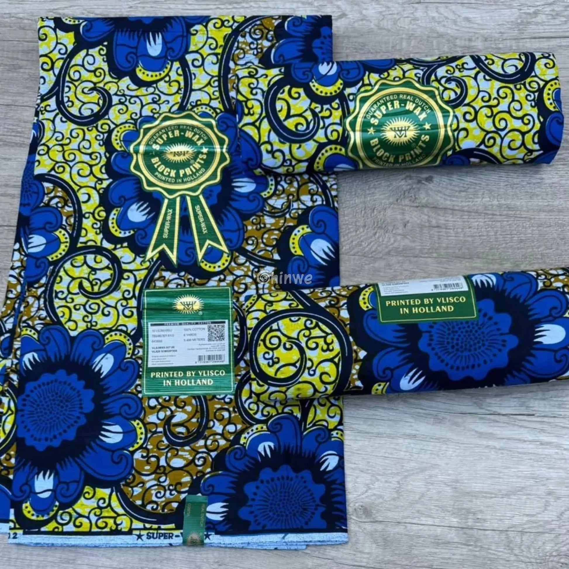 Yellow in Blue Flower Swirl Cotton Wax Veritable African Print Fabric