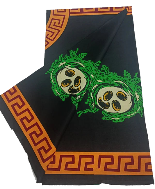 Green Medallion & Orange Greek Key on Black Ankara Real Wax Print