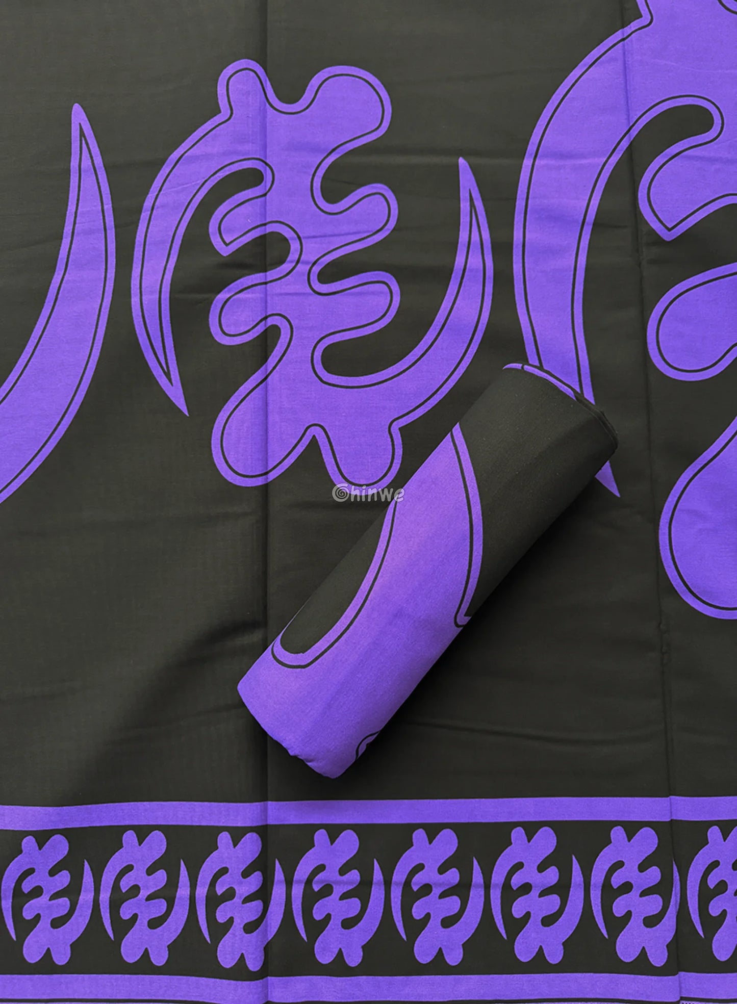 Bold Adinkra Symbol Fabric – Purple Patterns on Black Cotton Wax Print 6 Yards African Wax Print Fabric