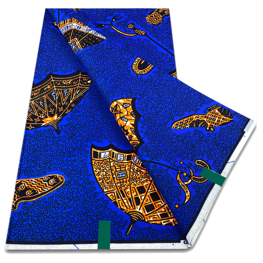 Royal Blue Ankara Wax Print Fabric – Gold & Black Shield Motif, 6 Yards