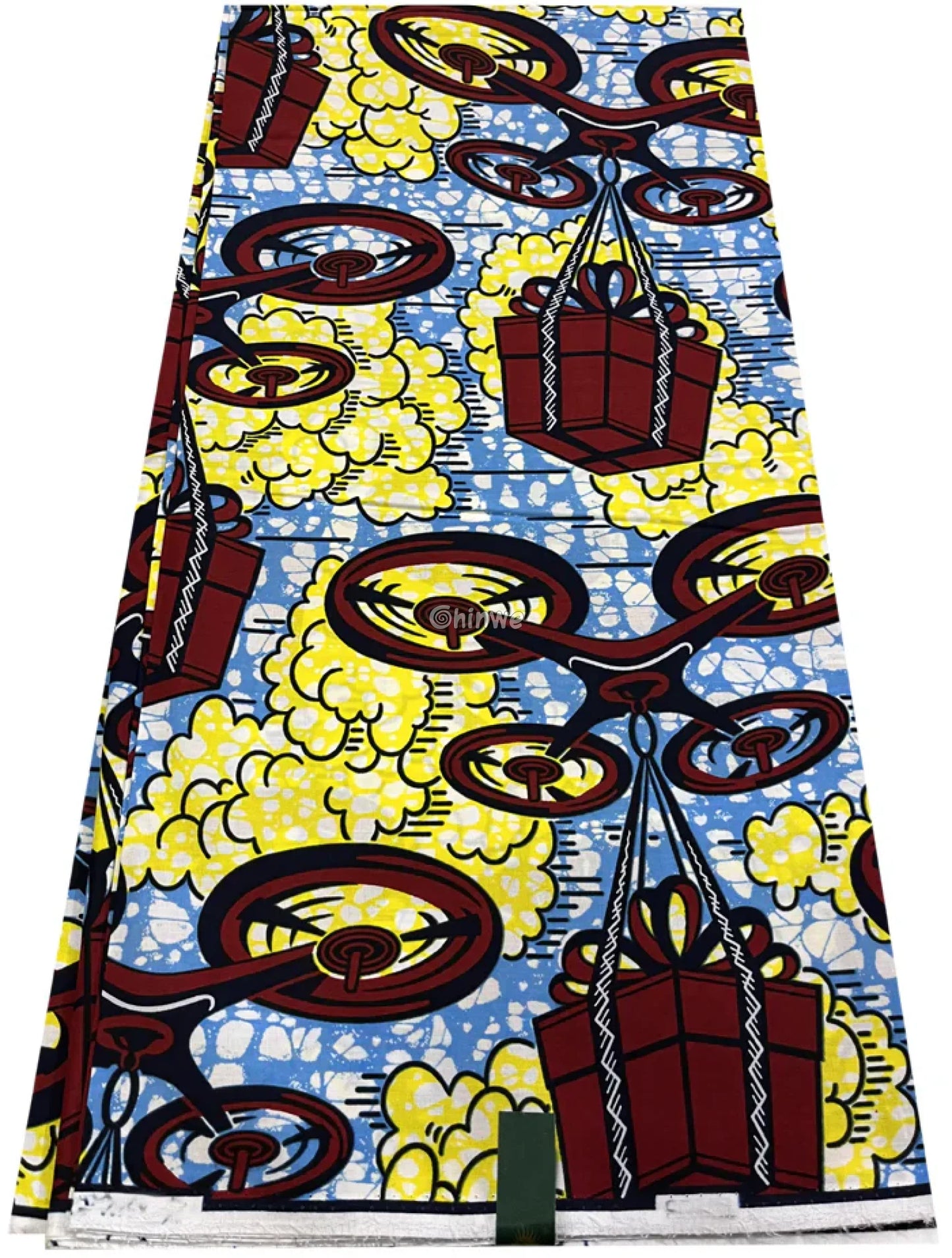 Crimson Drone & Parcel Motif on Sky Blue with Yellow Cloud Bursts and White Crackle Batik Detailing Sky Blue Delivery