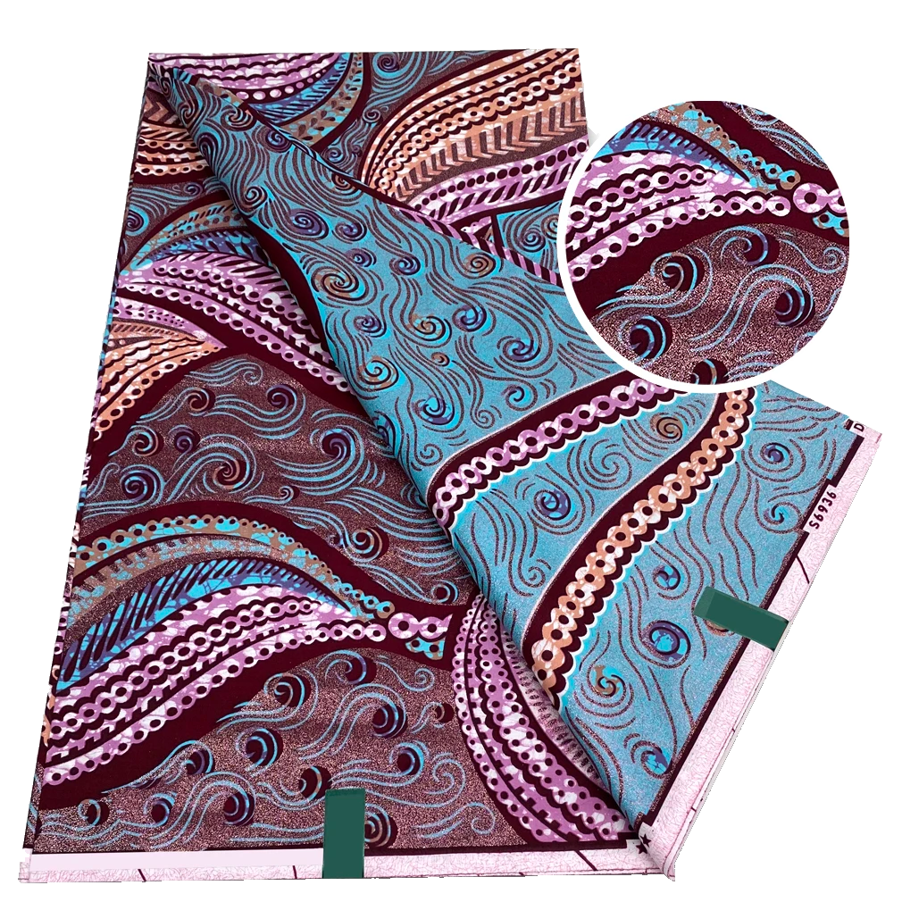 Burgundy and Sky Blue Wave Band flash gold wax print fabric, 6 yards