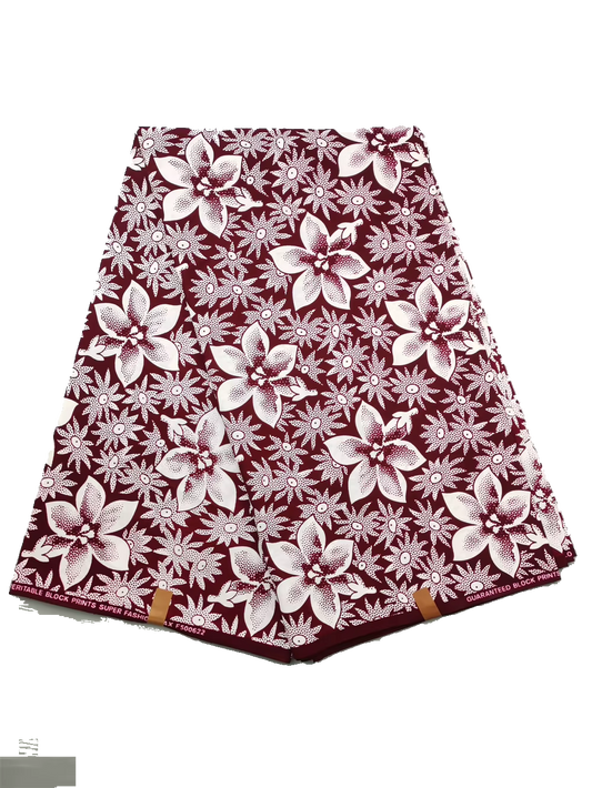Burgundy Ankara real wax print with allover white hibiscus flowers, 100% cotton, 6 yards