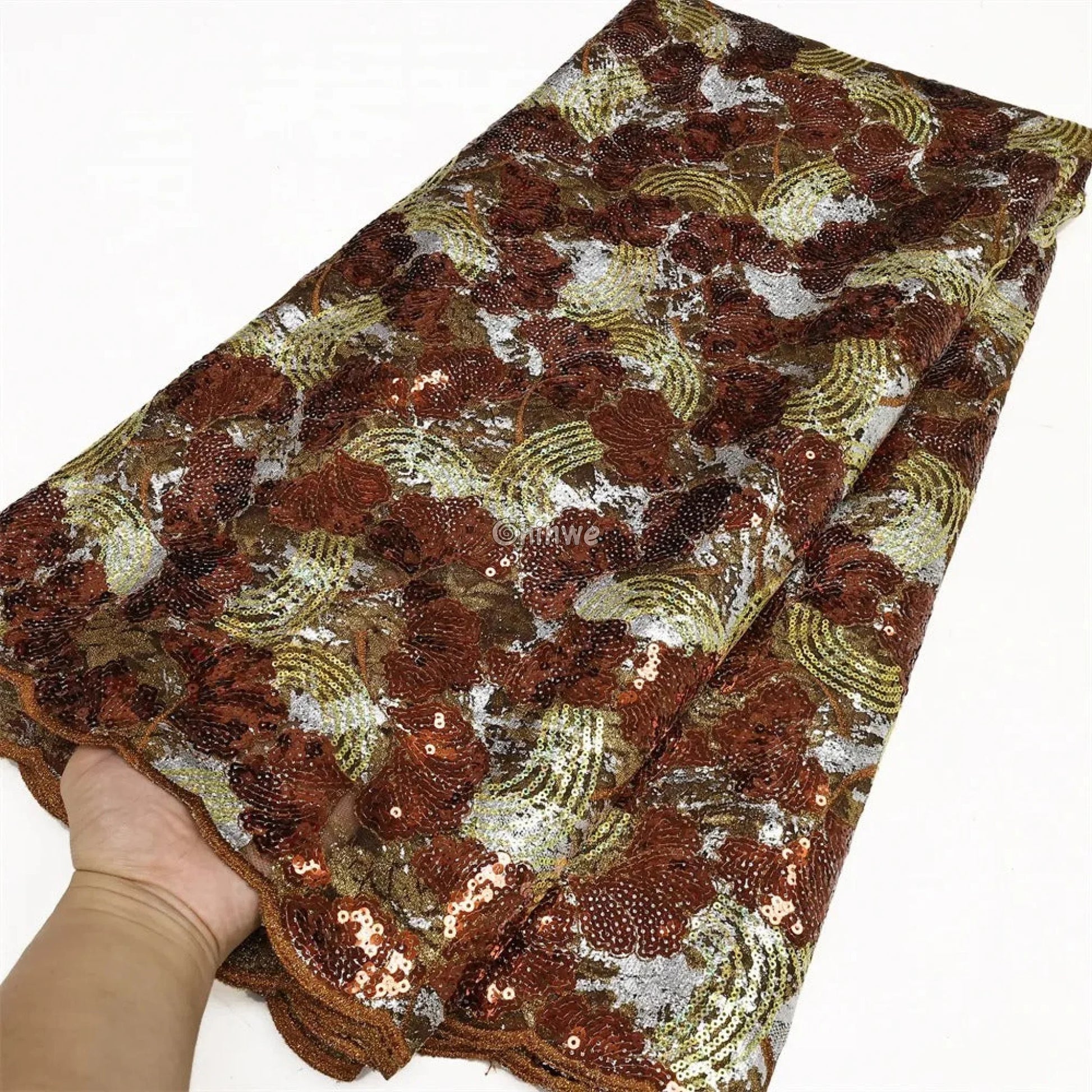 Sheer Sequin Lace Fabric with Swirling Motif and Scalloped Edge Embellished with Metallic Sequins