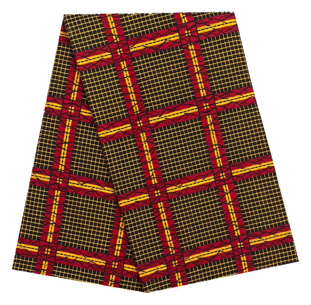 Red & Gold Plaid Ankara Wax Print Fabric – Grid Stripes on Black, 100% Cotton