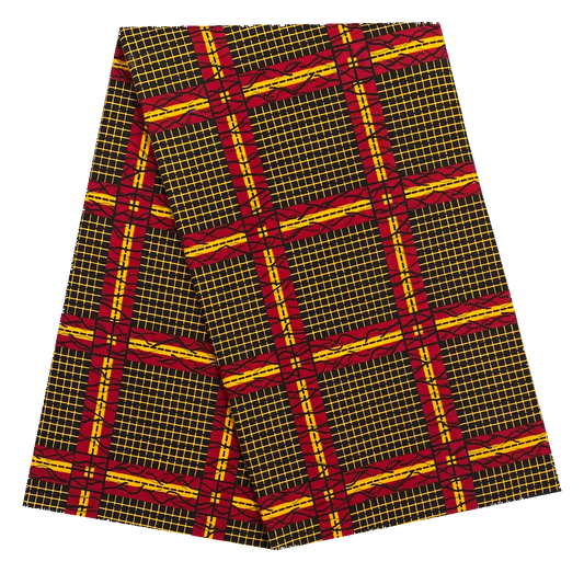Red & Gold Plaid Ankara Wax Print Fabric – Grid Stripes on Black, 100% Cotton