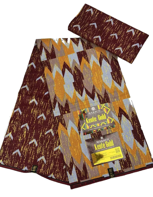 Burgundy, Mustard and Grey Kente Gold Wax Print Fabric – Block Chevron, 6 Yards