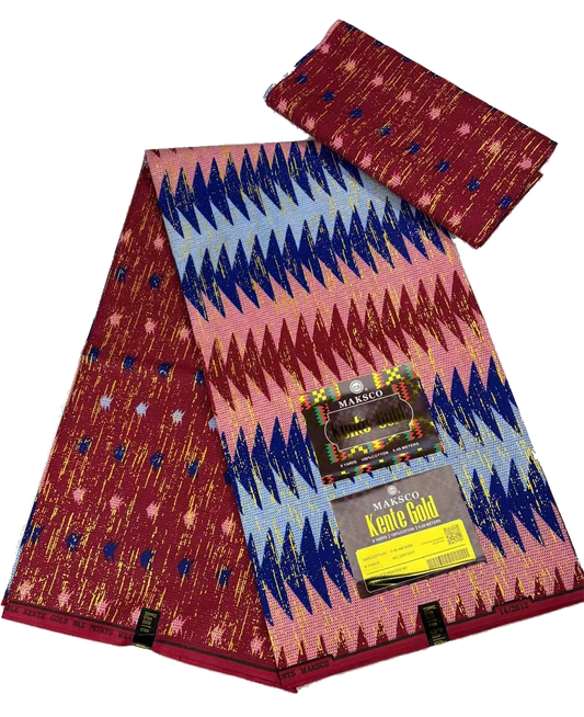Burgundy, Pink and Blue Kente Gold Wax Print Fabric – Chevron Spike, 6 Yards