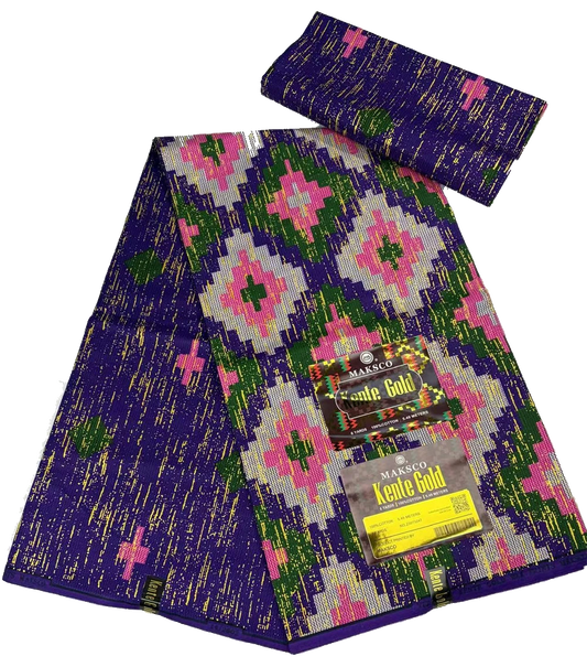 Purple, Pink and Green Kente Gold Wax Print Fabric – Diamond Medallion, 6 Yards