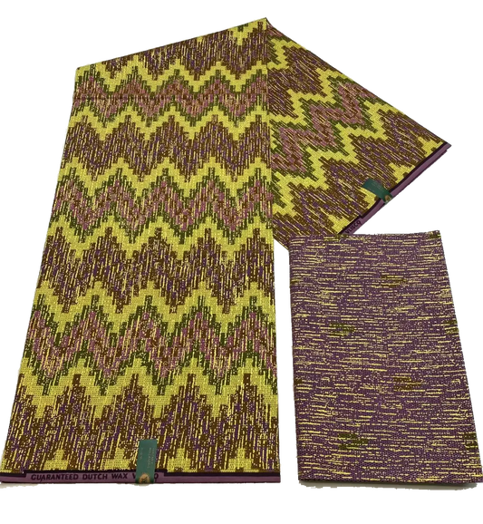 Yellow, Olive and Purple Kente Gold Wax Print Fabric – Zigzag Chevron, 6 Yards