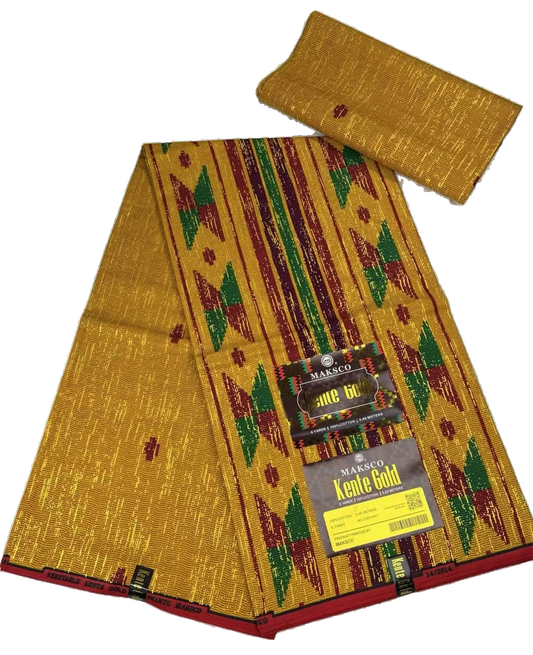 Gold, Red and Green Kente Gold Wax Print Fabric – Vertical Diamond Stripe, 6 Yards