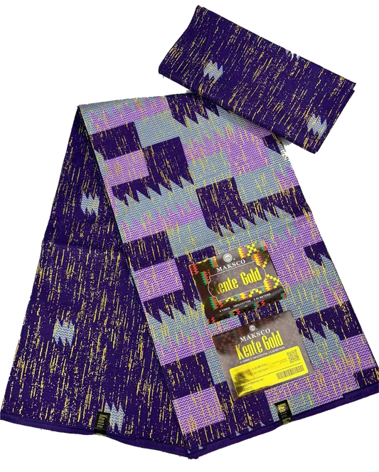 Purple and Lilac Kente Gold Wax Print Fabric – Classic Block Chevron, 6 Yards