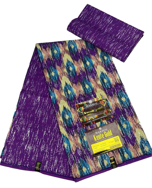 Purple, Teal and Peach Kente Gold Wax Print Fabric – Diamond Ikat, 6 Yards