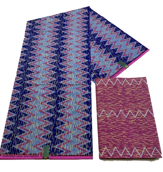 Navy and Pink Kente Gold Wax Print Fabric – Zigzag Chevron, 6 Yards