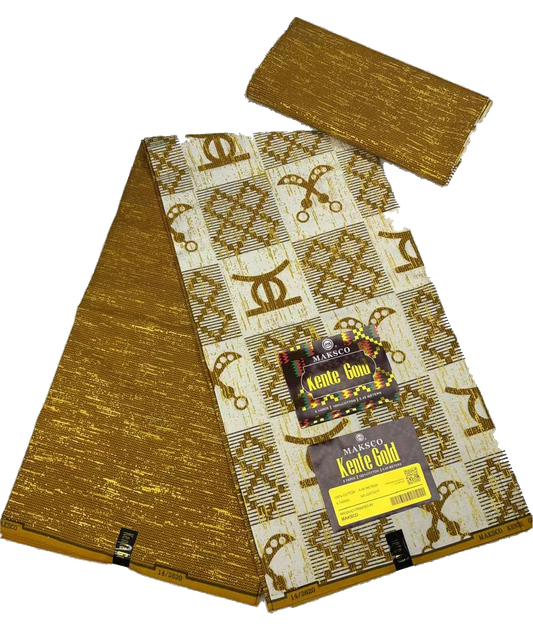 Gold and Cream Symbol Check Kente-Style Print Fabric, 6 Yards
