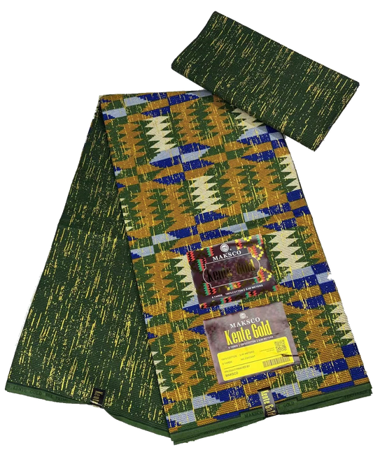 Green, Gold and Blue Geometric Blocks Kente-Style Print Fabric, 6 Yards