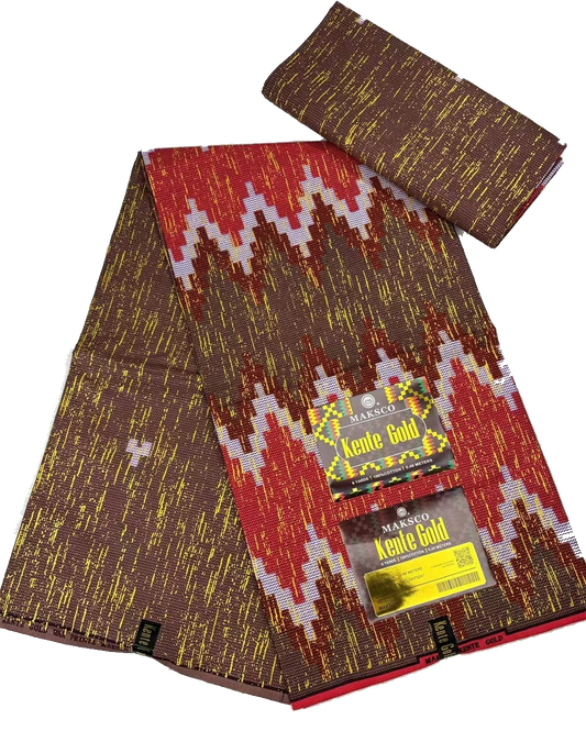 Red and Brown Stepped Zigzag Kente-Style Print Fabric, 6 Yards