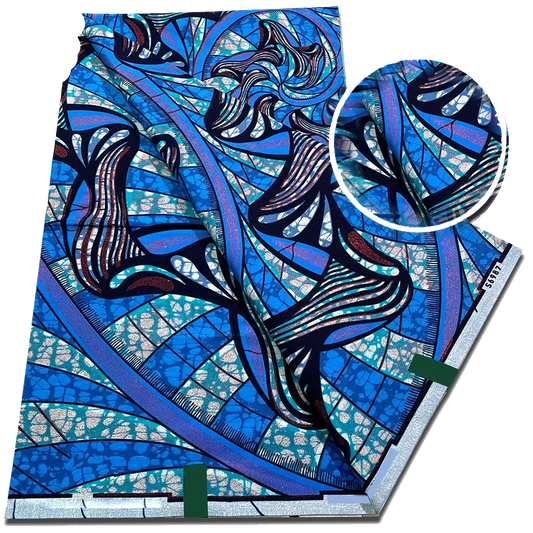 Cobalt Ribbon Ankara Flash Gold Wax Print Fabric – Blue Swirls and Mosaic Batik, 6 Yards