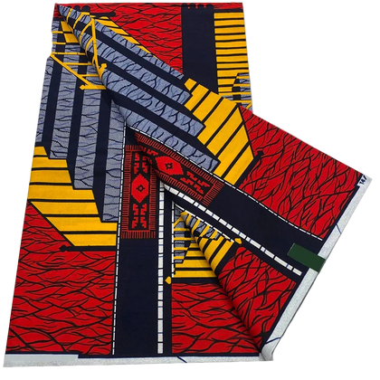 Red Geometric Ankara Wax Print Fabric – Navy & Gold Stripes, 6 Yards 100% Cotton