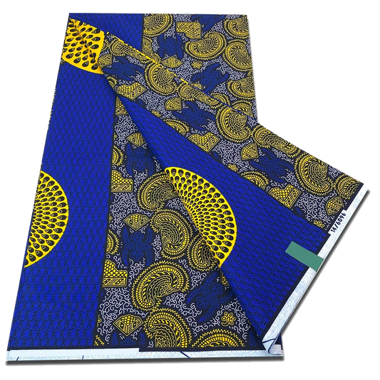 Cobalt Blue Ankara Wax Print Fabric with gold shell fan motifs, 6 yards