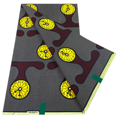 Yellow Medallion Ankara Wax Print Fabric – Golden Discs on Charcoal Grey, 6 Yards