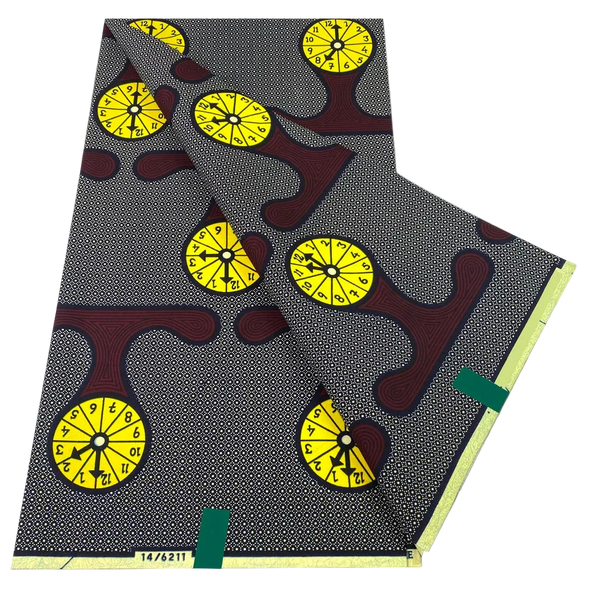 Yellow Medallion Ankara Wax Print Fabric – Golden Discs on Charcoal Grey, 6 Yards