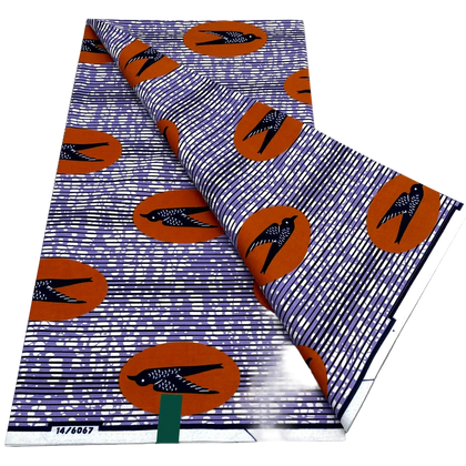 Swallow Bird Ankara Wax Print Fabric – Orange Circles on Lilac Stripes, 6 Yards