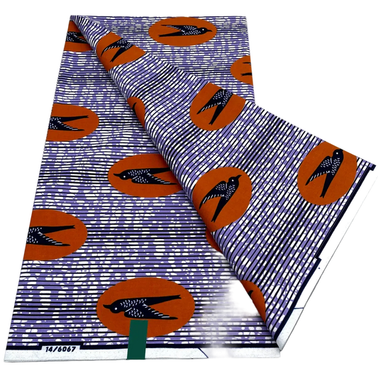 Swallow Bird Ankara Wax Print Fabric – Orange Circles on Lilac Stripes, 6 Yards