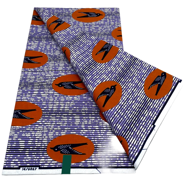 Swallow Bird Ankara Wax Print Fabric – Orange Circles on Lilac Stripes, 6 Yards