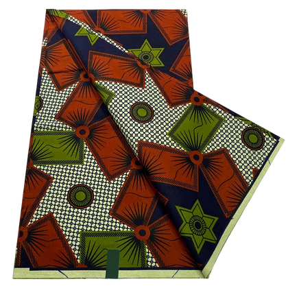 Rust Star and Kite Ankara Wax Print Fabric – Orange, Olive and Navy Geometric, 6 Yards