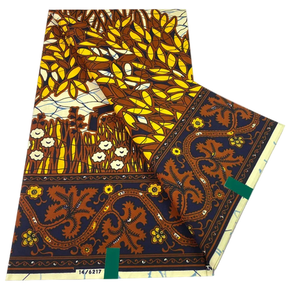 Autumn Leaf Ankara Wax Print Fabric – Gold, Brown and Cream Botanical Border, 6 Yards