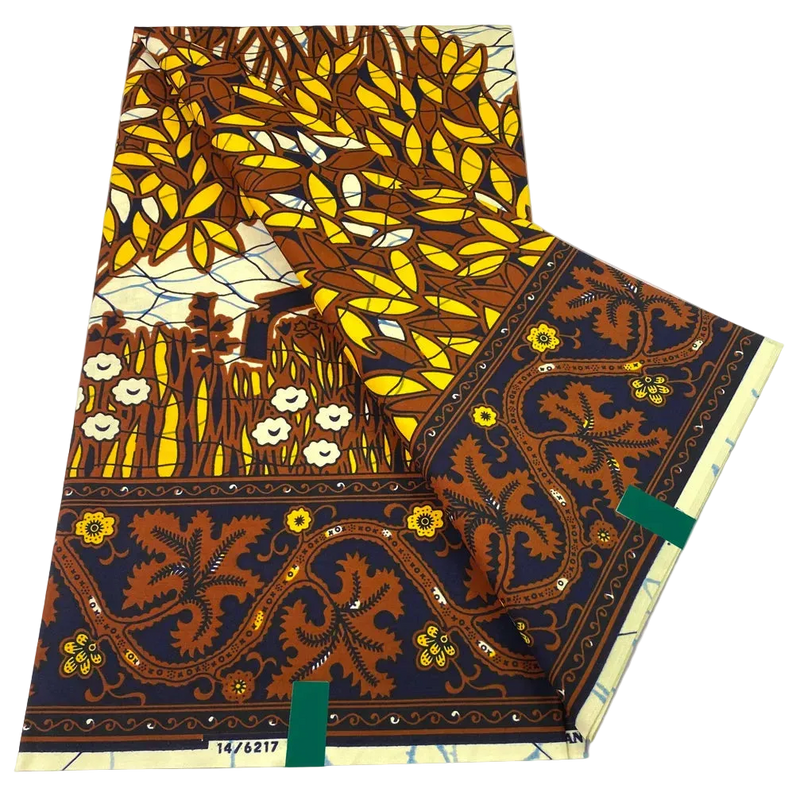Autumn Leaf Ankara Wax Print Fabric – Gold, Brown and Cream Botanical Border, 6 Yards